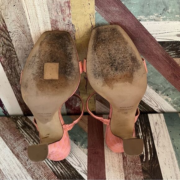 Paris Texas Embossed Leather Two Strap Heels Pink/Orange EUC SZ 6 - Picture 9 of 9